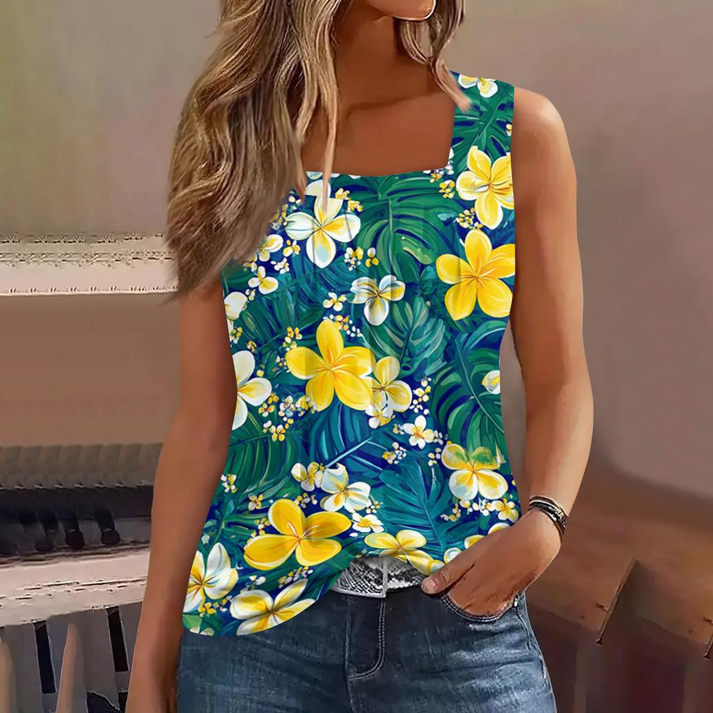 Women's Summer Casual Pleated Square Neck Sleeveless Tank Top Printed T-Shirt