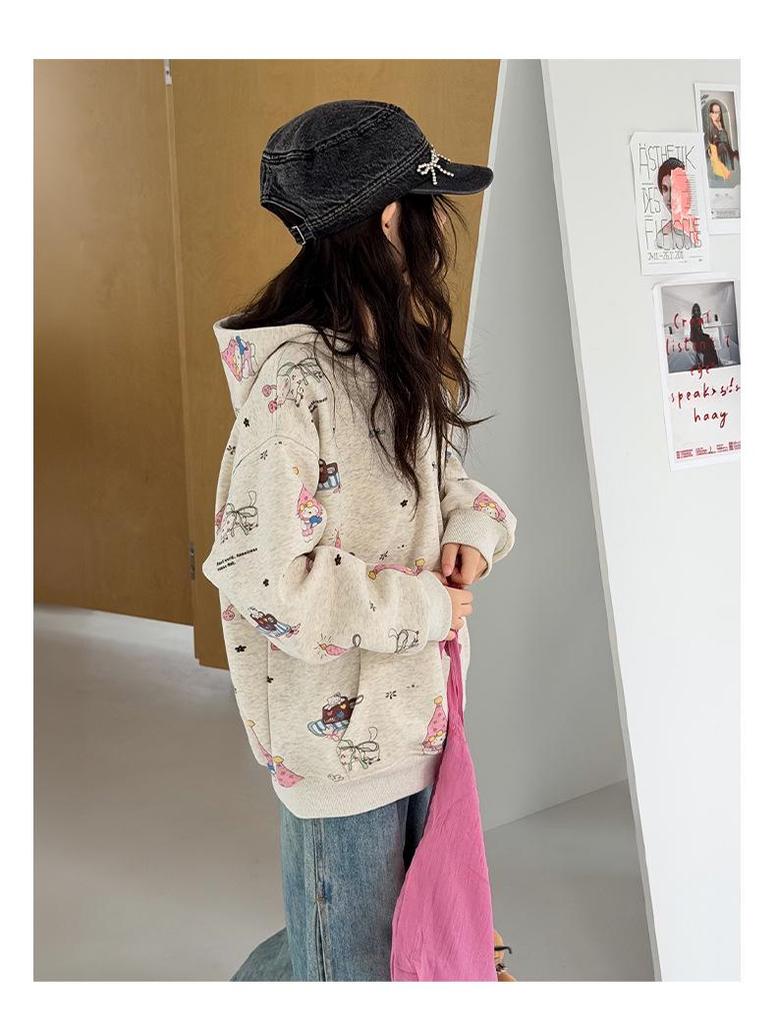 Girls' Cartoon Print Hooded Sweatshirt - Autumn 2026 New Arrival, Cute Loose Fit Pullover for Medium & Large Children, Long Sleeve Top