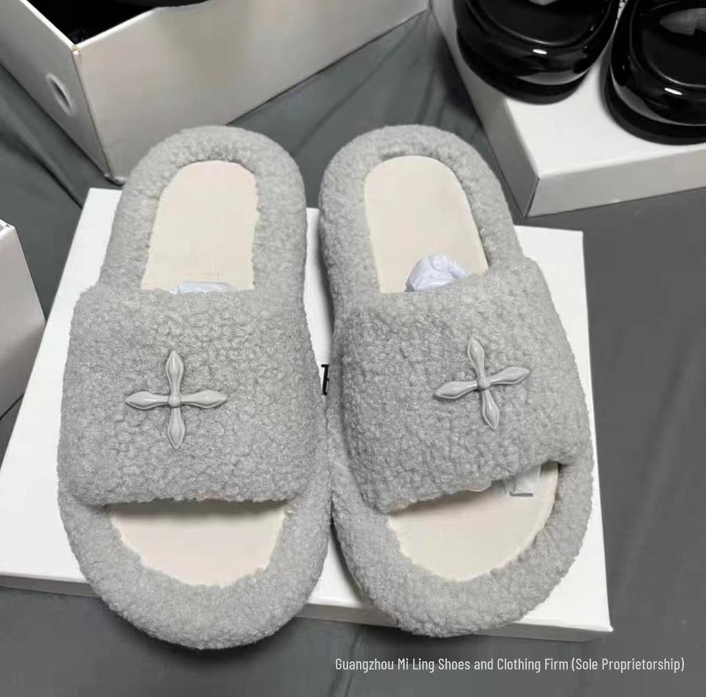 2024 High-Version SMF-K Fur Slippers: Thick-Soled Leather & Velvet Cross Design in Black/Gray