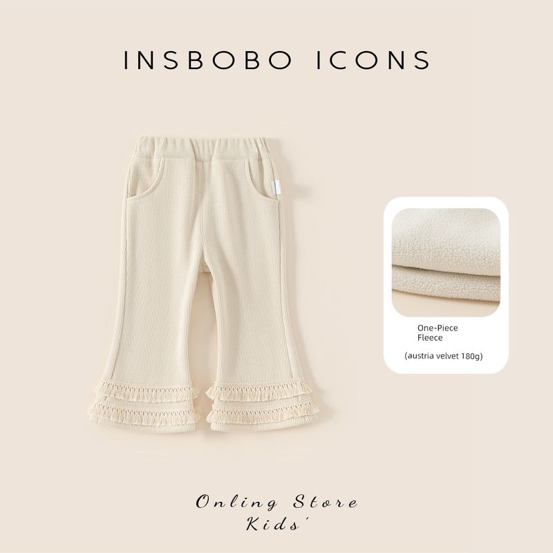Insbobo Girls  Pants 2025 Children s Autumn and Winter New Fleece-Lined Casual Pants for Girls, Stylish Flared Pants for Winter Rice White 110