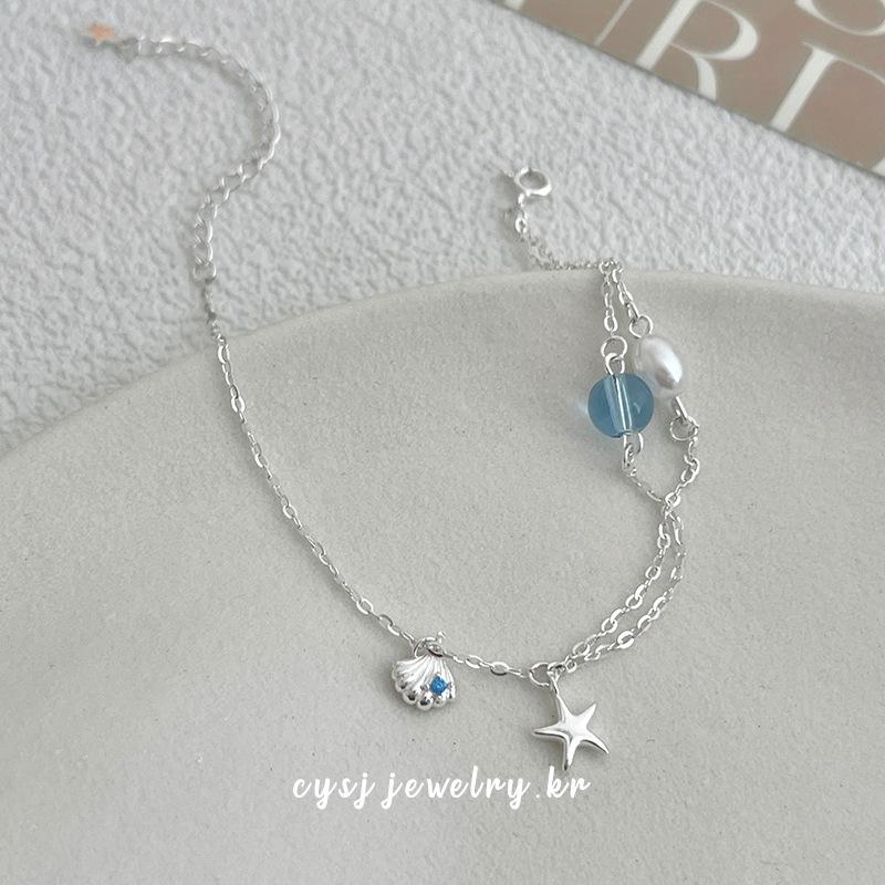 Cui Yan S925 Sterling Silver Korean Starfish & Shell Bracelet with Aquamarine & Pearl. 925 Silver