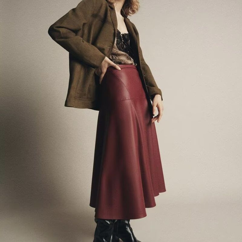 Zbzr Autumn New Women clothes Western Style Imitation Leather Elegant Temperament Patchwork Midi Skirt 8500910-