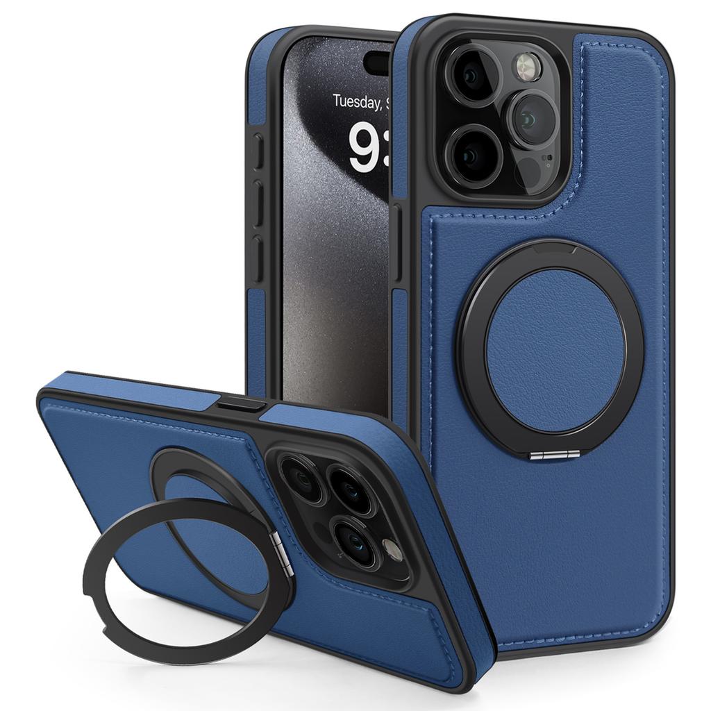 For iPhone 15 Pro Case with Ring Kickstand Compatible with MagSafe PU Leather Back Cover