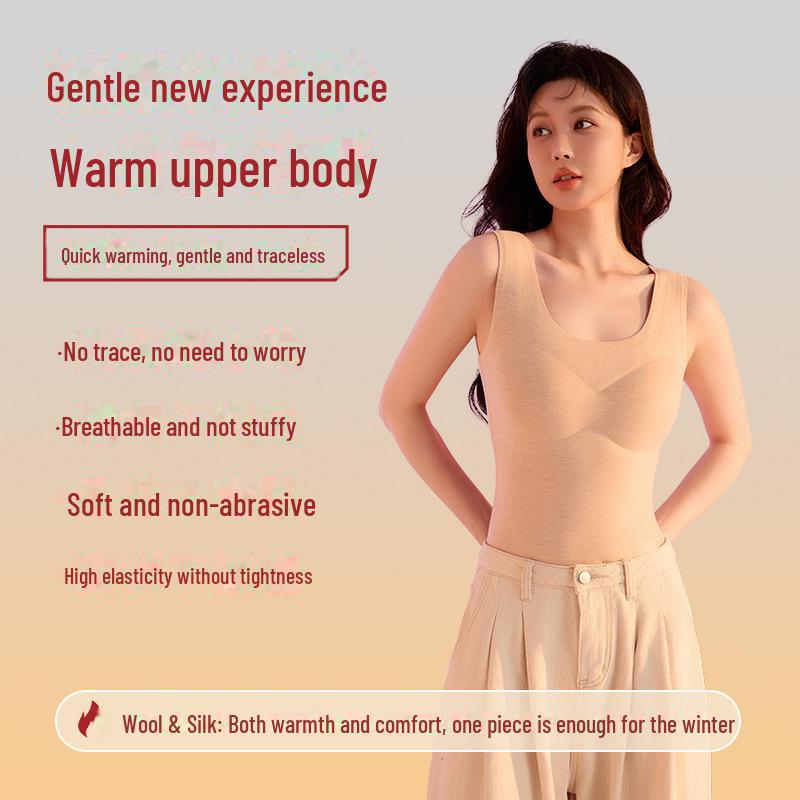 Women's Warm Wool-Silk Vest with Chest Pad, German Velvet, Sanded, Heated, Seamless, Sleeveless - Perfect for Autumn and Winter.