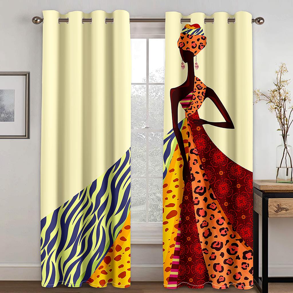 3D Simple African Women Abstract Art 2 Pieces Thin Shading Polyester Darkening Curtain for Living Room Bedroom Decor Hooks
