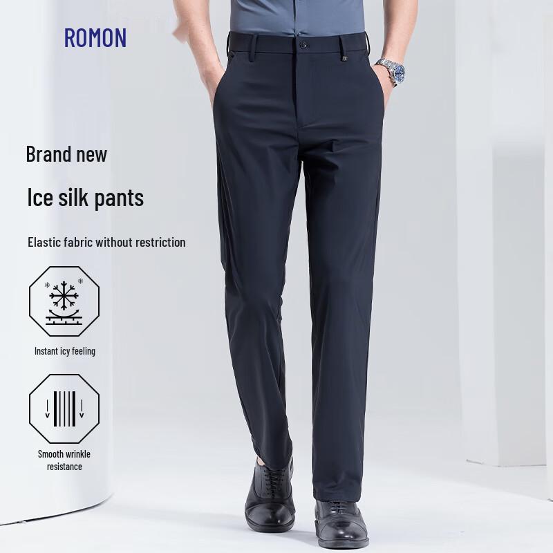 

ROMON Men s Wrinkle-Resistant Ice Silk Straight-Leg Casual Pants 33