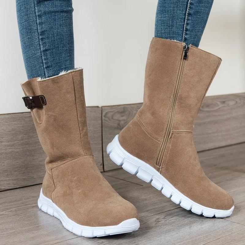 Winter Fashion Solid Color Sexy and Comfortable Flat Mid-calf Boots New Warm Plus Velvet Side Zipper Casual Women's Shoes Botas