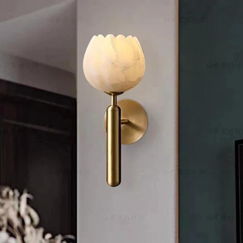 Natural marble LED wall lamp flower shaped brass E14 bulb Nordic luxury living room staircase wall lamp bedroom lighting fixture