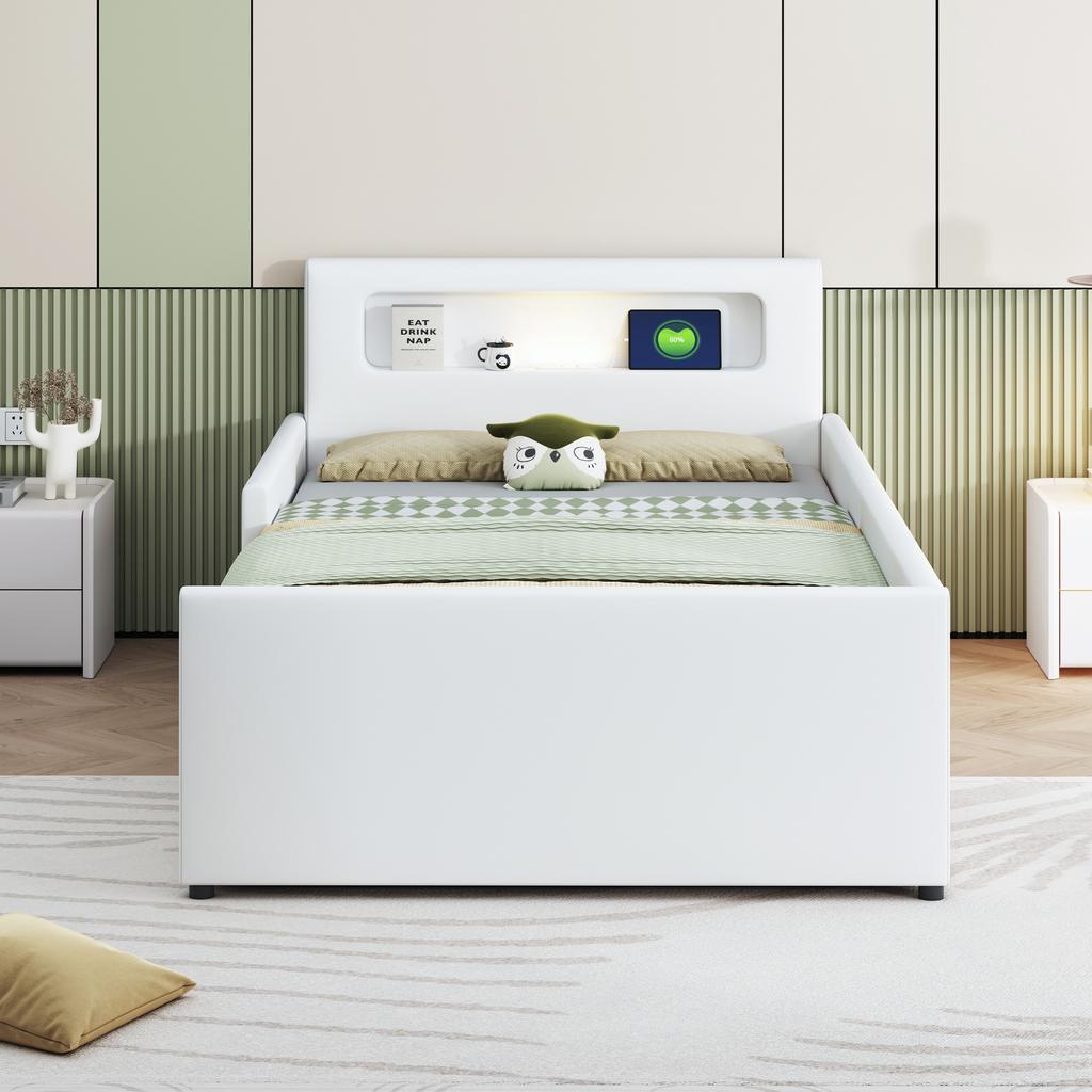 Upholstered Children's Bed 90*200 Cm, With Night Light and USB Charging Port, Storage Compartments, Raised Side Panels, Faux Leather Fabric, White