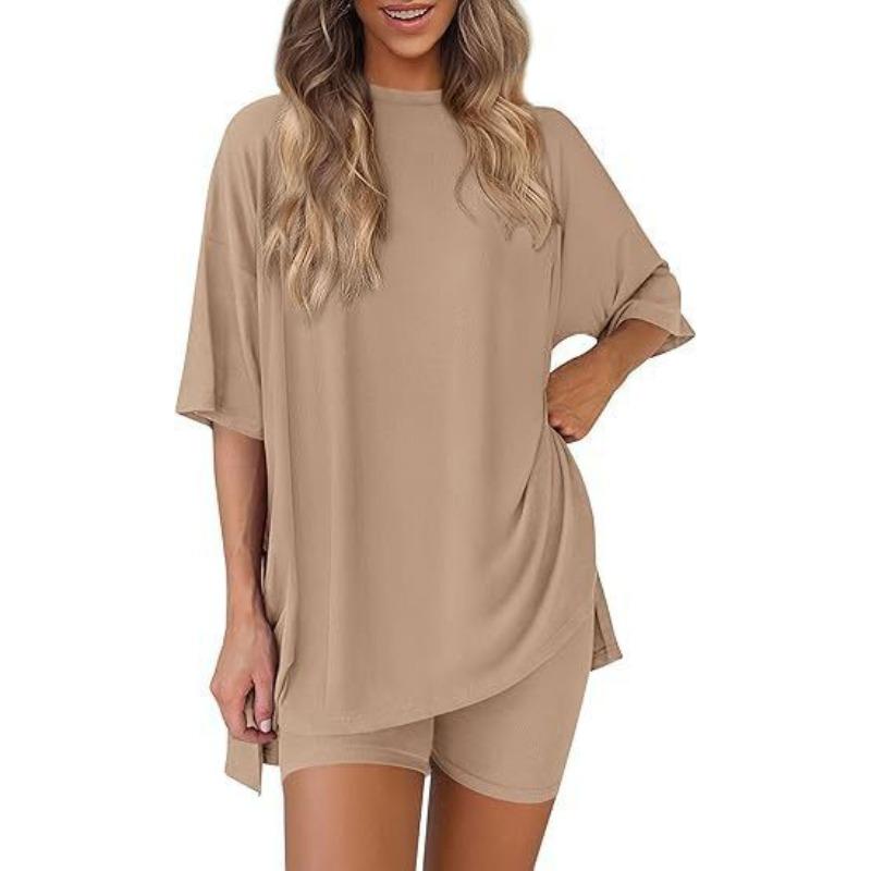 Women's Crew Neck Half Sleeve Oversized T Shirt Biker Shorts Loungewear Two Piece Pajama Set Casual Solid Outfit
