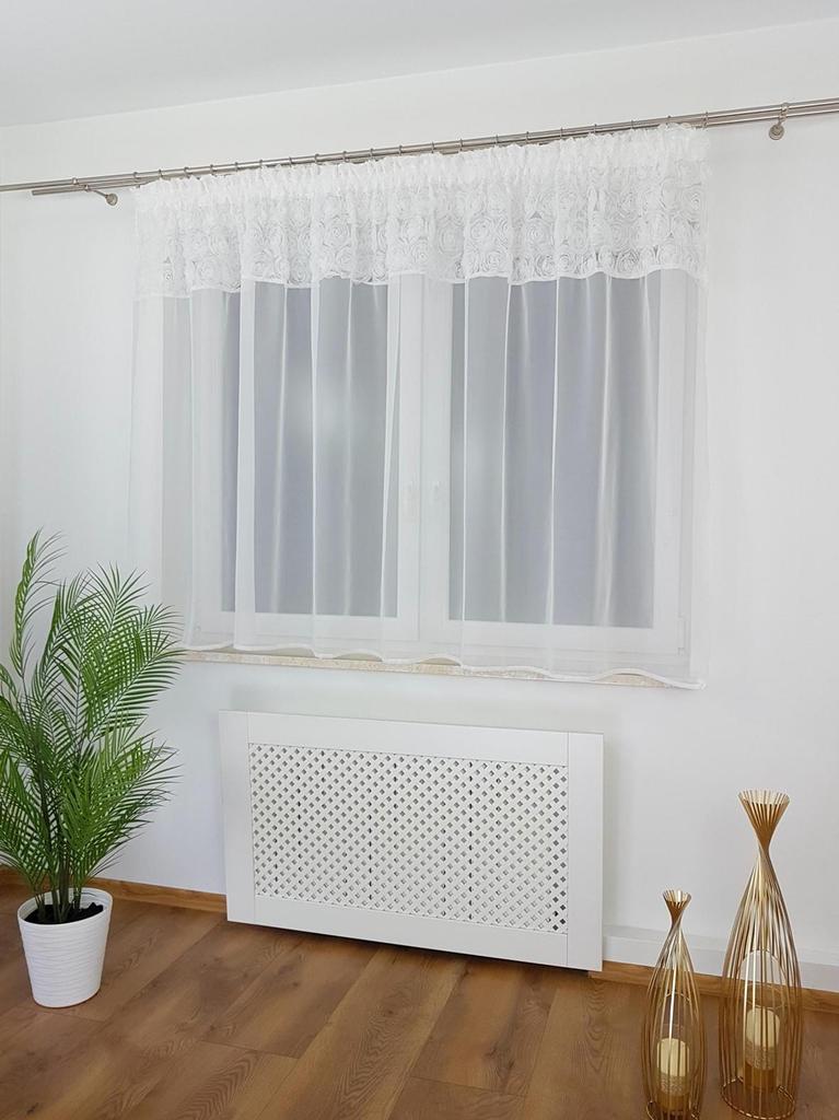 Ready-made curtain 300x150 cm - voile and mesh, 3D roses, gathering tape, white