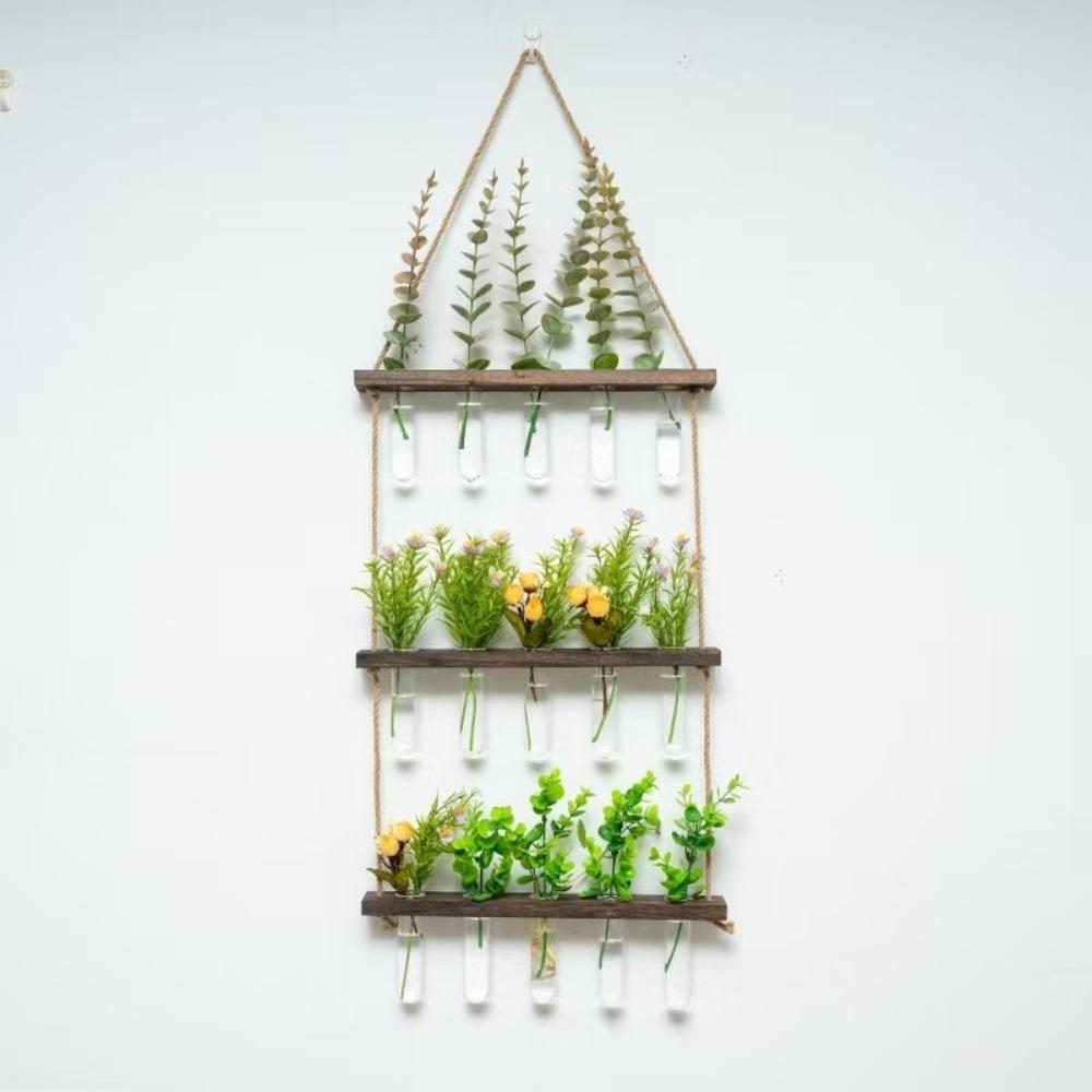 Hydroponic Plant Test Tube Glass Wall Vase Hanging Wooden Hanging Hemp Rope Flower Stand Wall Decoration for Home Decor Gifts
