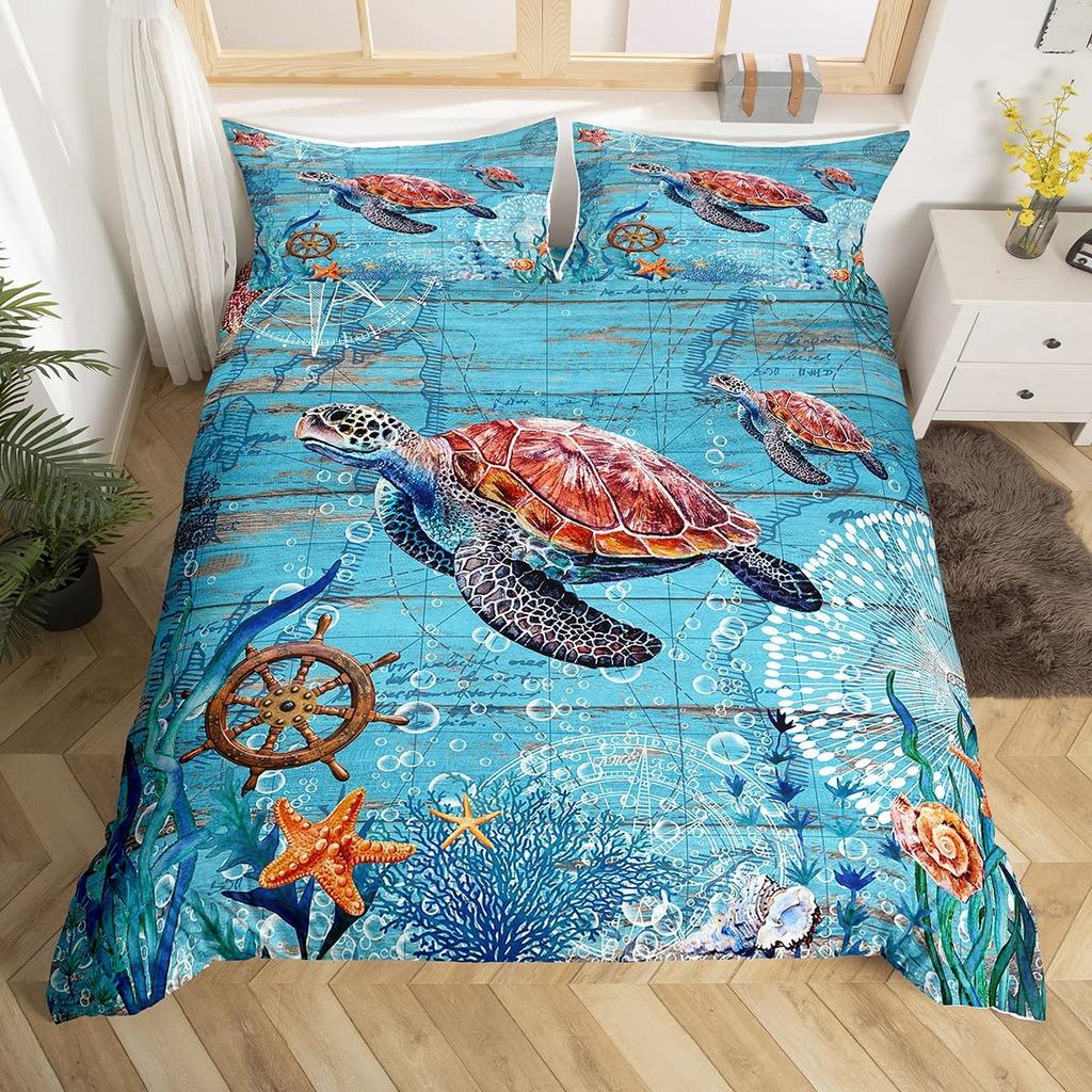 Sea Turtle Duvet Cover Full Size,Ocean Bedding Set for Kids Teens,Beach Comforter Cover,1 2 Pillowcases 3 Piece for Teens Boys
