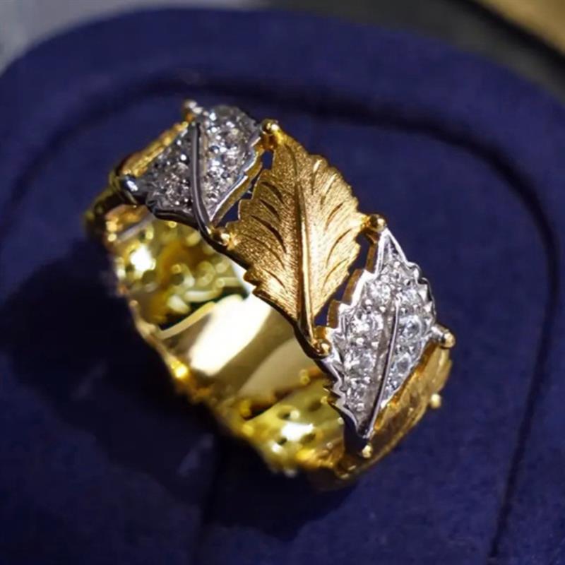 Huitan Two Tone Women Ring Aesthetic Leaf Design Elegant Wedding Party Accessories Inlaid Shining CZ Fashion Luxury Jewelry Gift
