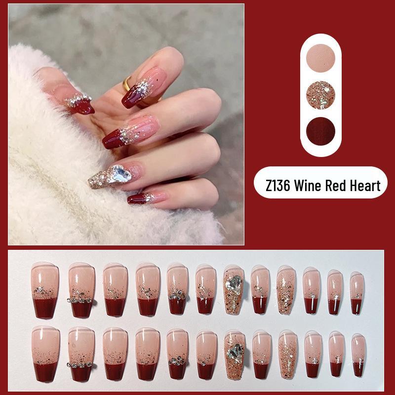

Burgundy French Heart Rhinestone False Nail Patches - Removable, Wearable, Whitening Finish for New Year Manicure