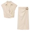 2025 Summer Women's Linen Set: Short Top with Buckle Detail & Midi Skirt