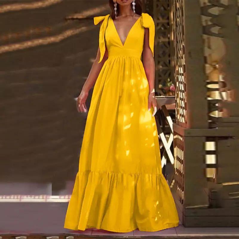 

Women Sexy V-neck Party Dress European and American Women V-neck Sexy Bandage Vest Dress Yellow L