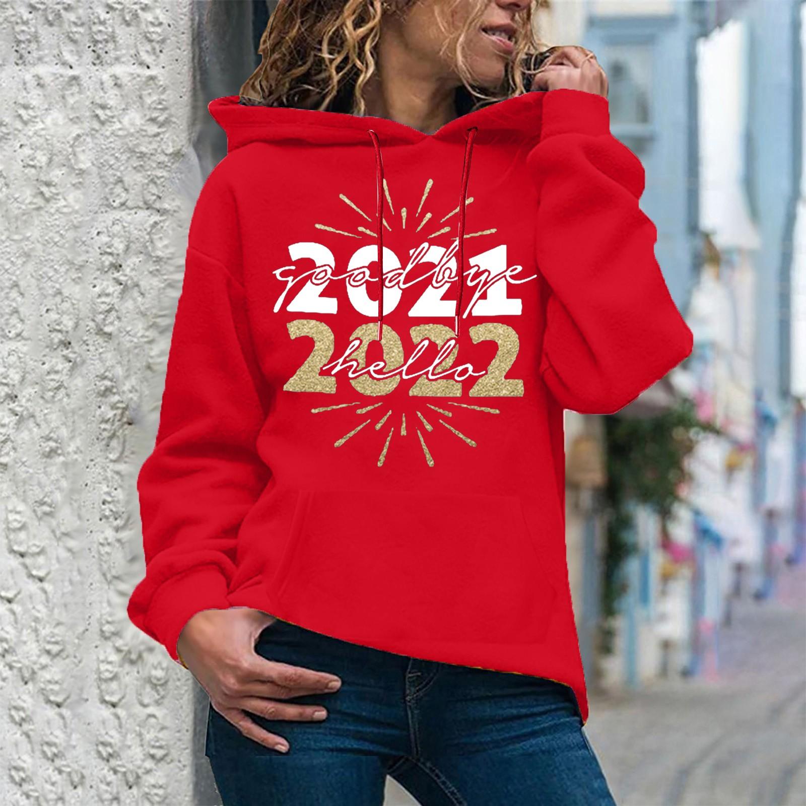 

Женская мода, повседневная новогодняя толстовка с капюшоном и принтом, свободный спортивный пуловер XL красный