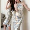 Floral Print Halter Neck Sleeveless Qipao Dress with Pearl Waist-Cinching and Slit - Summer Slimming Bodycon.