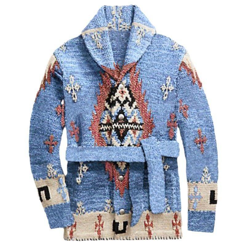 Cross-Border Men's Clothing American Retro Heavy Jacquard Knit Sweater Autumn and Winter Mid-Length Thick Sweater Jacket Sy0207