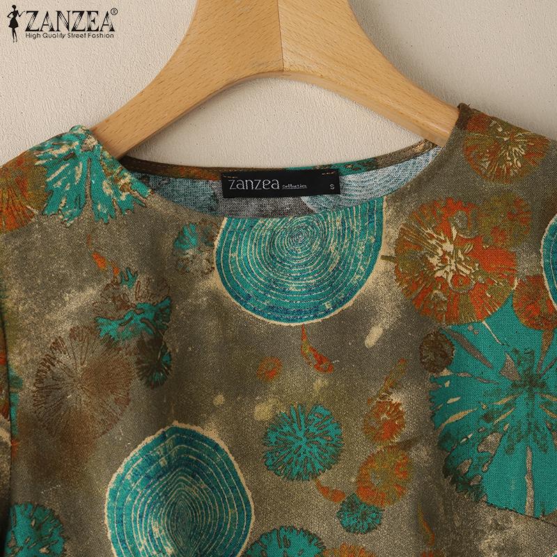 ZANZEA Womens Print Casual Round Neck Loose Half Sleeve Blouse