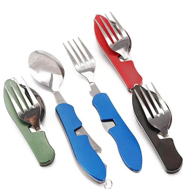 Service de table pliable en acier inoxydable pour camping Quatre en Un, Ensemble de poche pour pique-nique en plein air Service de table portable multifonctionnel