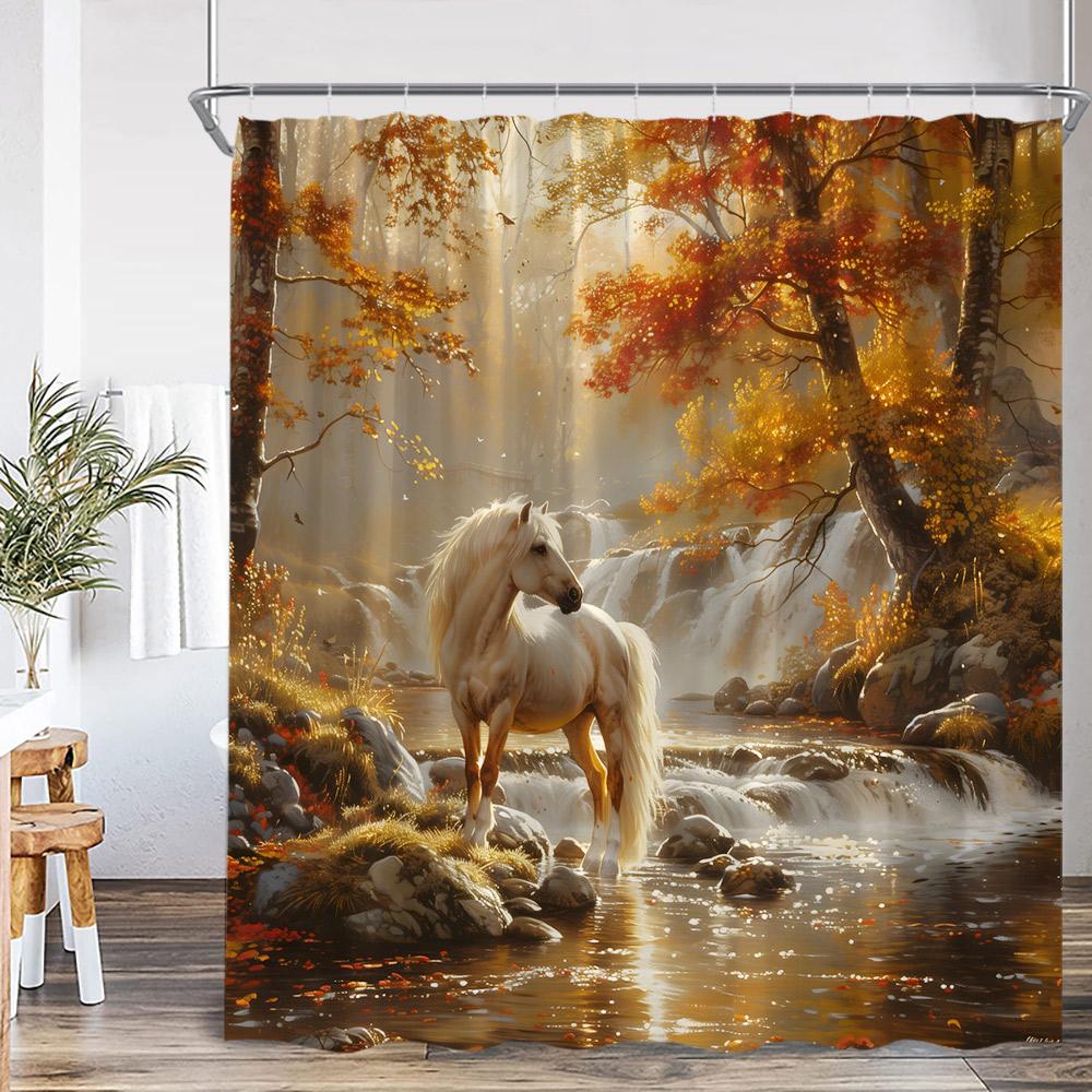Herbstwald Duschvorhang Hirsch Hochlandrind Tiger Wildtier Natur Herbstlandschaft Badezimmerdekoration Polyester Duschvorhang