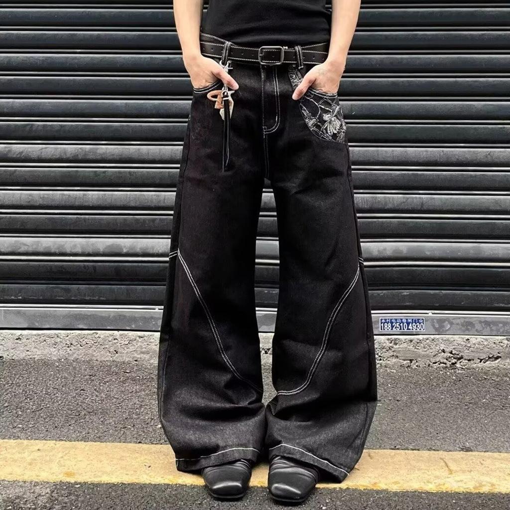 Trendy brand snake pattern denim jeans men's summer American high street narrow version scimitar pants loose bright line slightly pulled trousers