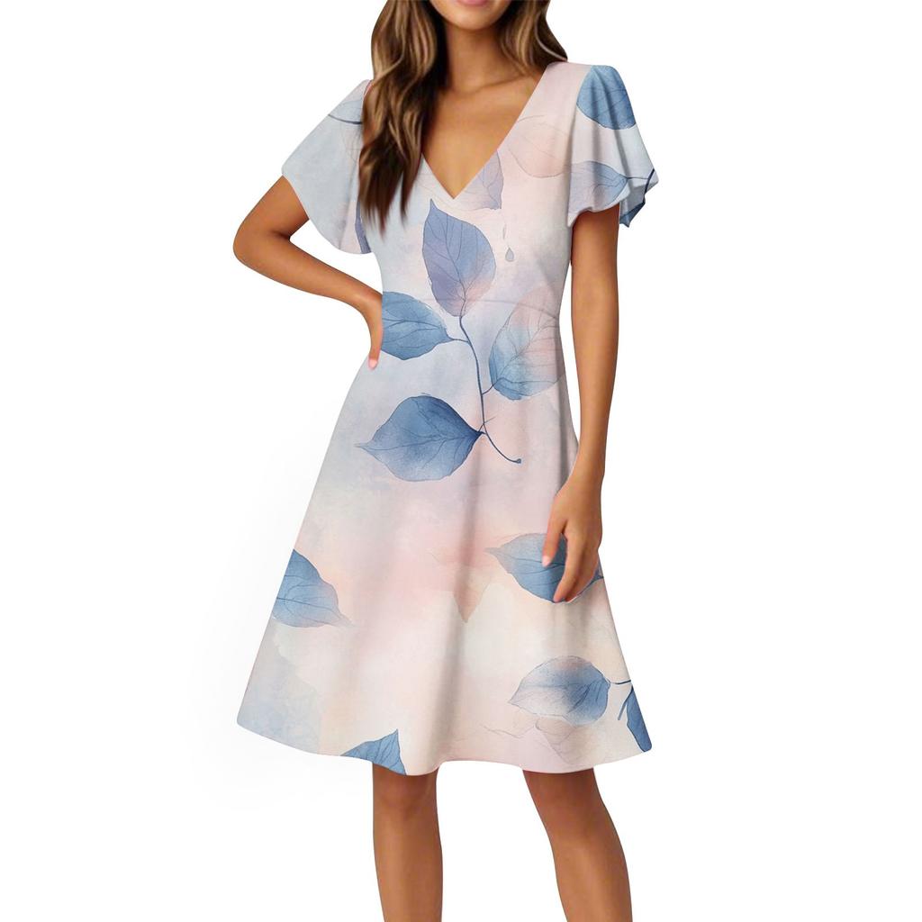 Women's Dress Flared Sleeve Short Sleeve Casual Floral V-neck Dress