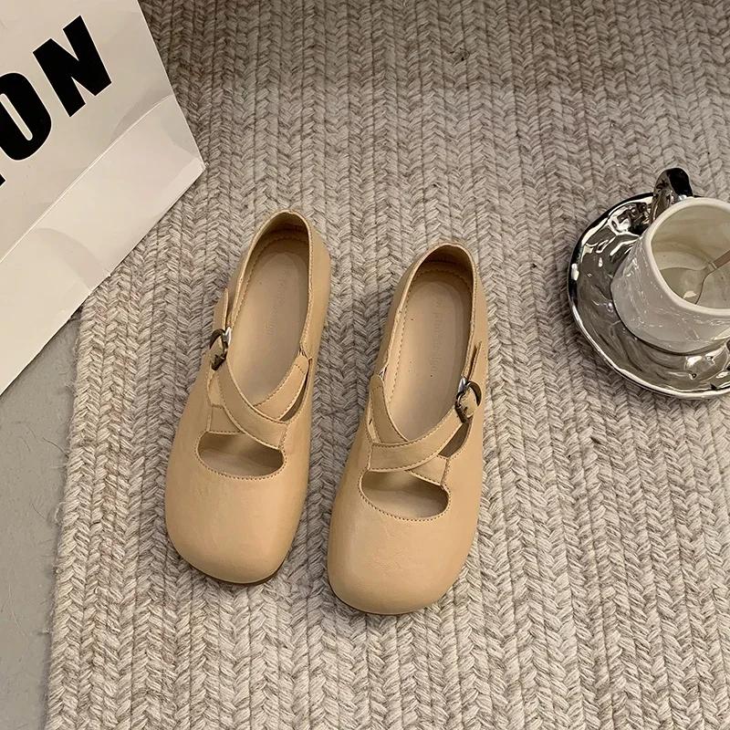 Fashion Women Ballets Flats Shoes Real Leather Cross Strap Classic Ballerinas Low Heels Shoes Casual Daily Dress