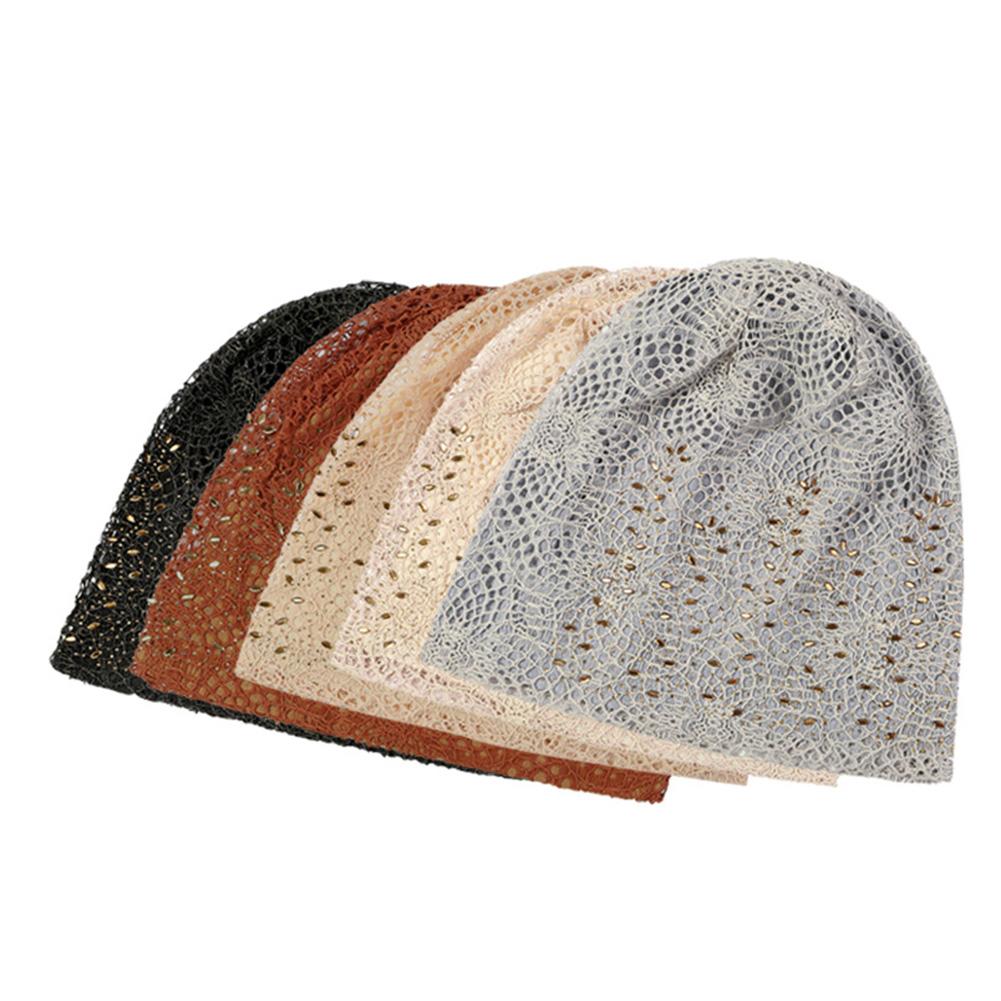 Women Delicate Hollow-out Double-layer Lace Cotton Hat Windproof Knitting Warm Cap