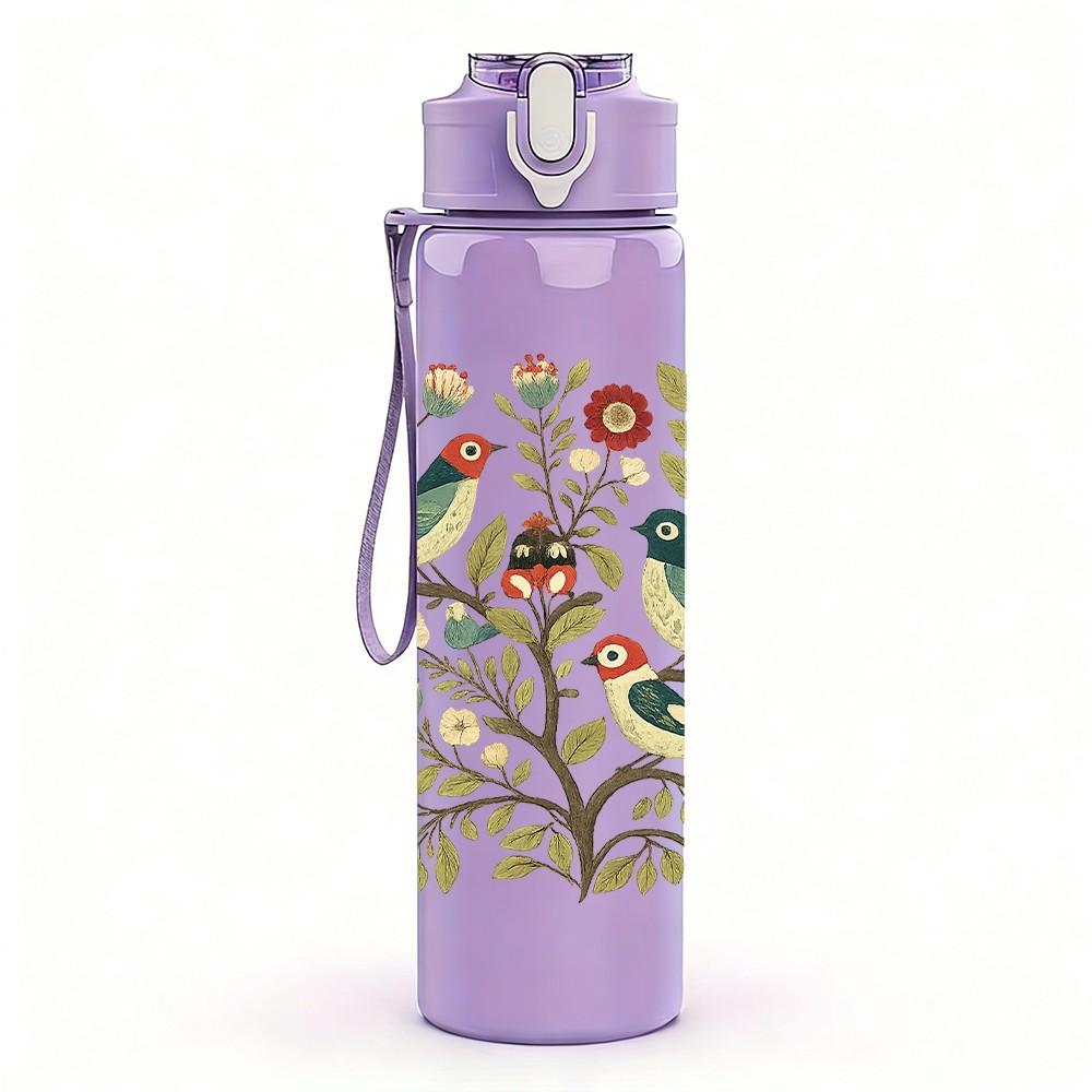 1PC Bird Floral Vintage 750ml Color Plastic Sports Water Bottle Leakproof Flip Straw Lid Suitable for Sports Office Home Use