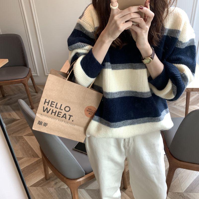 Contrast Striped Sweater Women's Spring and Autumn Korean Version Retro Loose Languid Style Thick Knit Top
