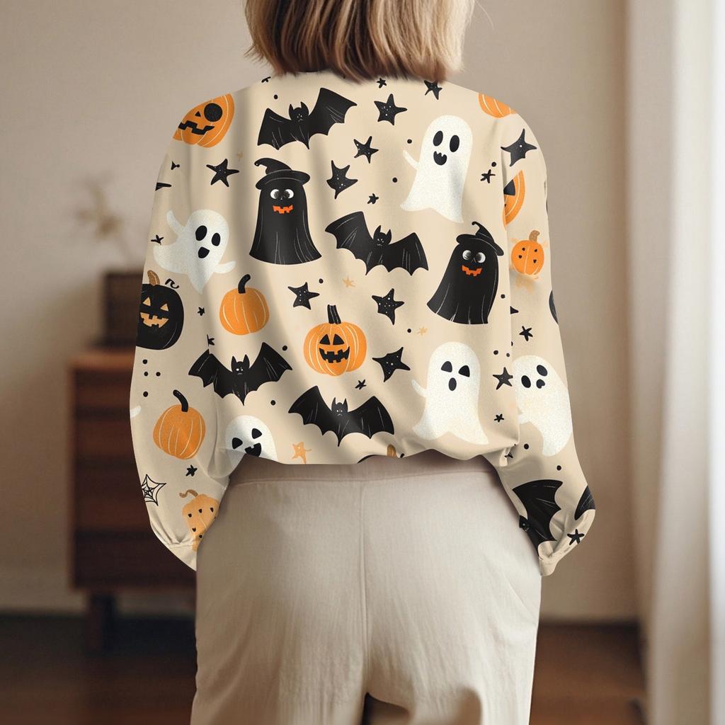 Damen Hemd Bluse Halloween Print Knopf Langarm Lässig Basic Hemdkragen Regulär Top