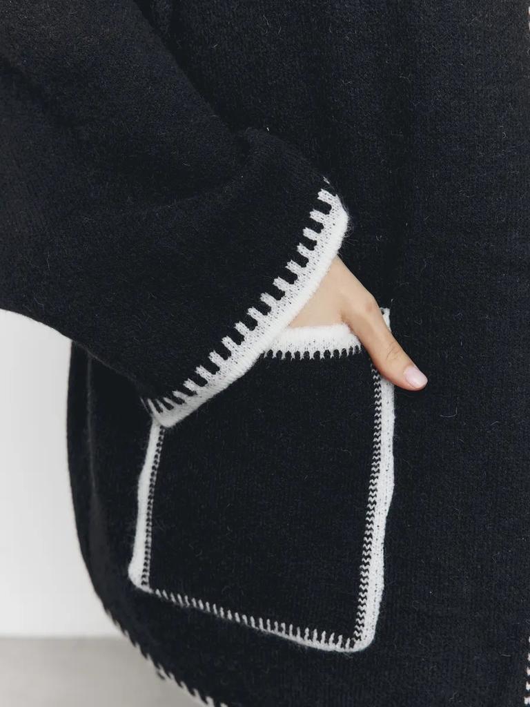 Knitted Open-Front Cardigan Sweater Spring New Style Loose Color Block Long Sleeve Wool Coat