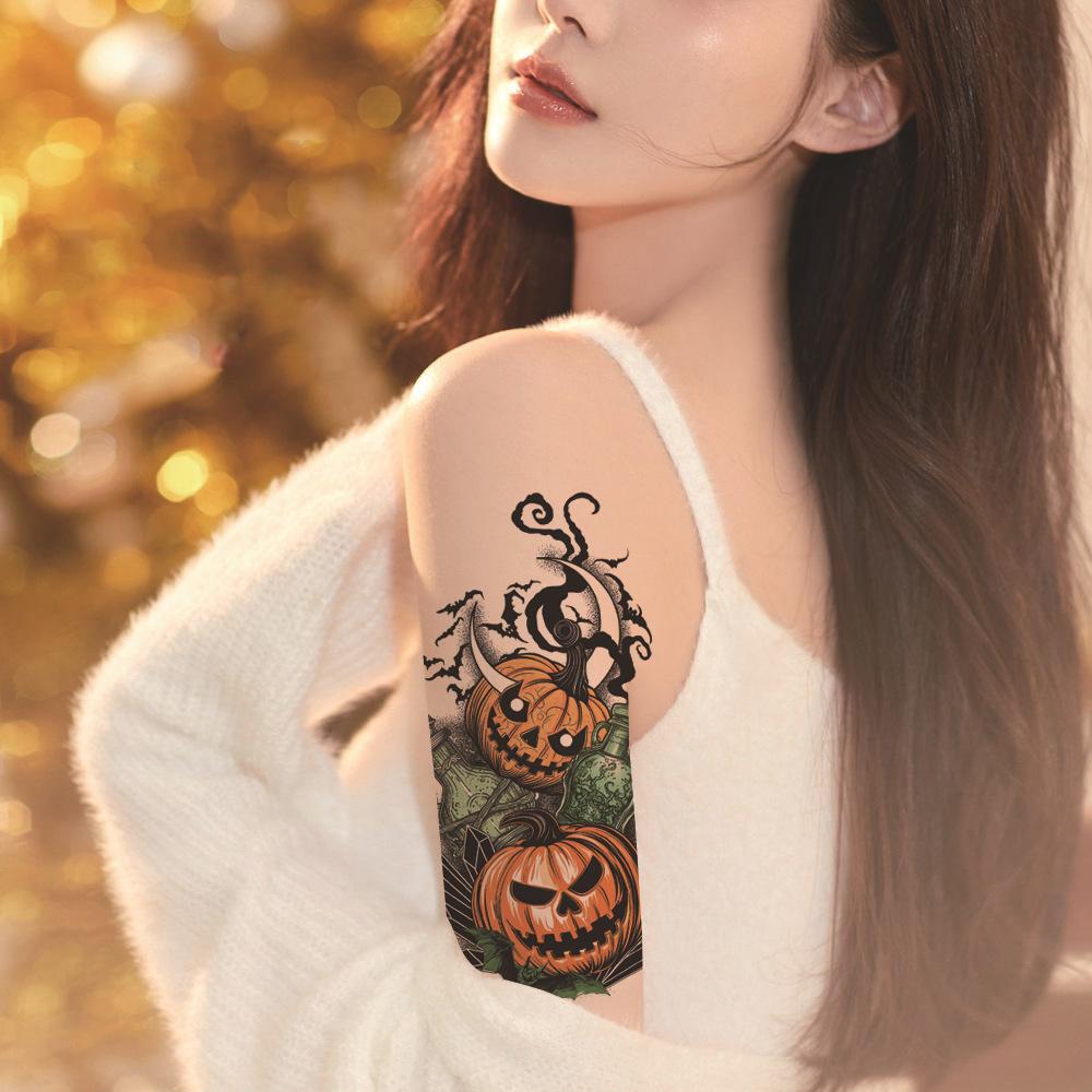 Waterproof sweat-resistant large floral arm tattoo sticker, dark Halloween horror tattoo, pumpkin skull Prajna tattoo sticker