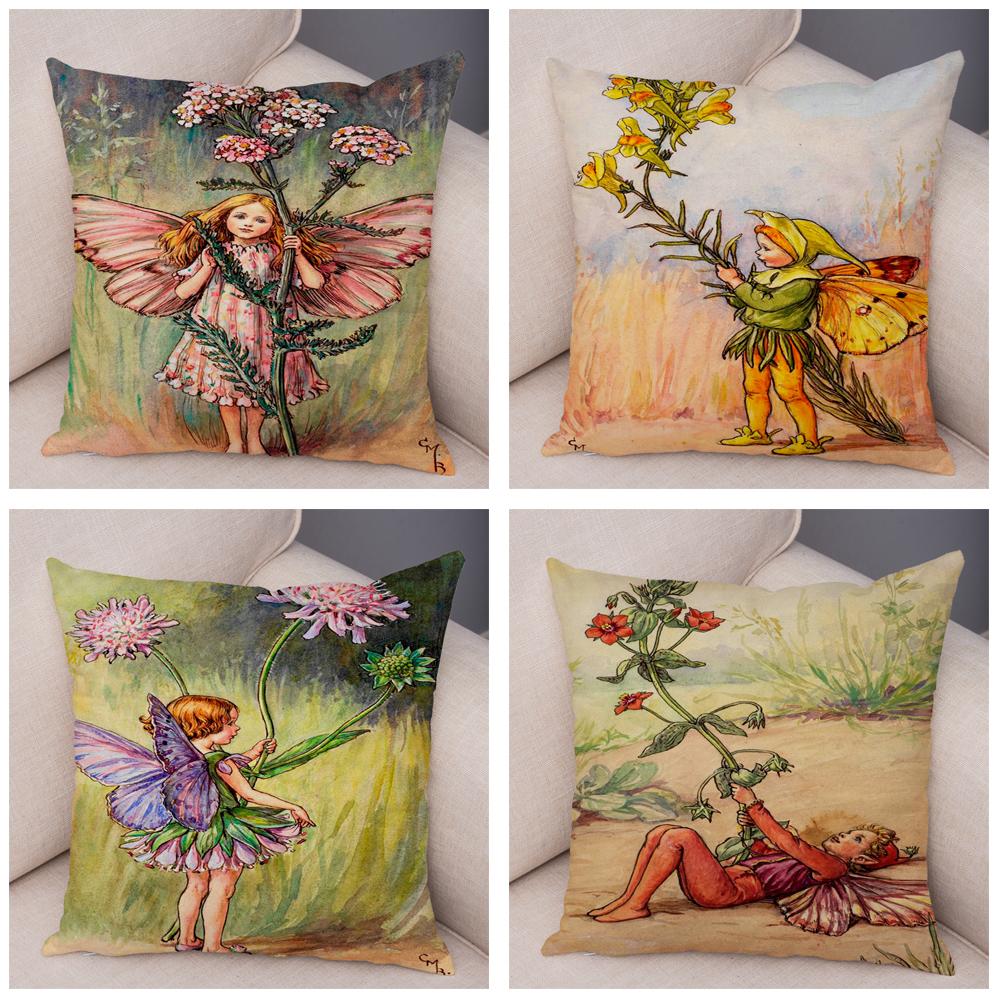 Colorful Fairy Tale World Elves Cushion Cover Decor Cute Cartoon Flower Girl Pillow Case for Sofa Home Polyester Pillowcase