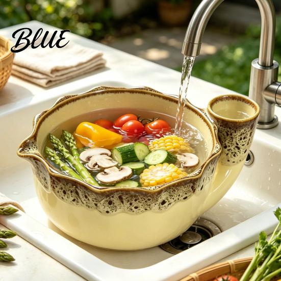 Fruit Serving Plate Vortex Design Bowl Strainer with Ceramic Berry Holes Self-Spinning Food Grade Rinse for Kitchen Berries Vegetables