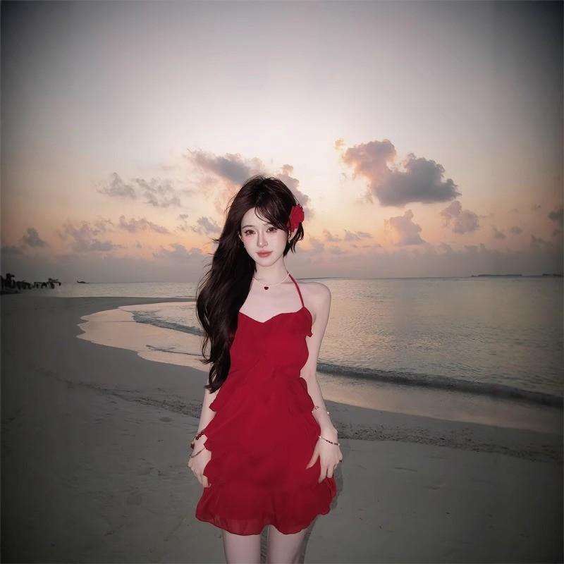 2026 Summer Women's Red Slip Dress - Hot Girl Vacation Style, Slimming A-line Short Layered Skirt