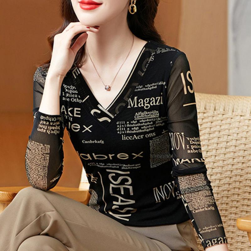 Frühling Herbst Mode Damen V-Ausschnitt Buchstaben bedruckt Sexy Mesh Patchwork Basic T-Shirts Elegant Langarm Slim Damen Tops