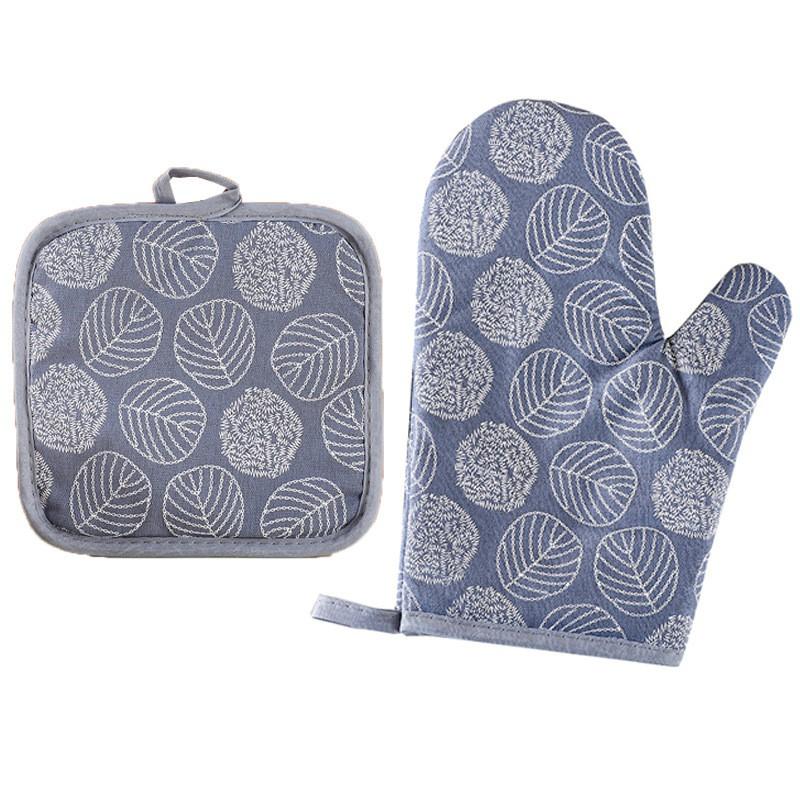 Heat Resistant Oven Gloves With Insulated Pad Set Baking Microwave Kitchen Use Cotton Linen Blend Modern Geometric Design