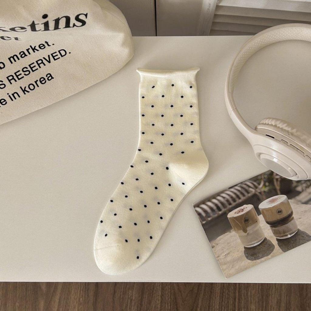 Ruffled Polka Dot Women's Crew Socks – Ins Trendy Japanese Ballet Sweet Style, Spring/Summer Solid Color