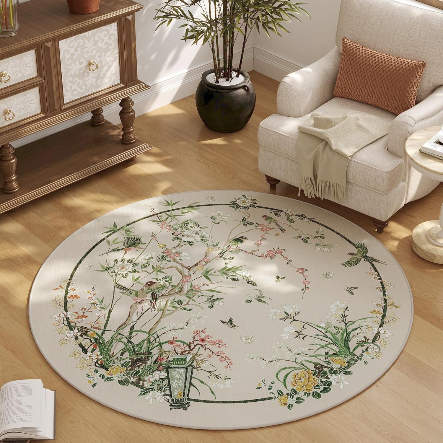 

Round Pink Flower Carpet Mat - Chinese Bird Flower Pattern Home Decoration Carpet Living Room Bedroom Non Slip Floor Mat 80cm x 80cm