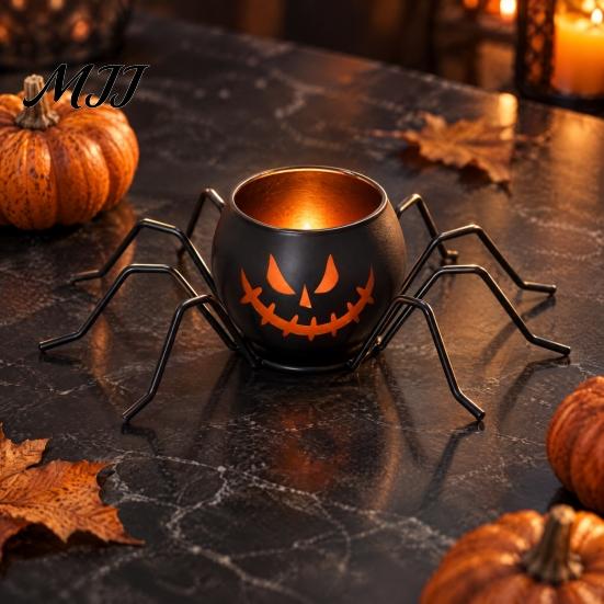 Indoor Decorative Votives Halloween Pumpkin Glass Candle Holder, Iron Art Tealight Lantern for Tabletop Window Spooky Home Ornaments And Fireplace