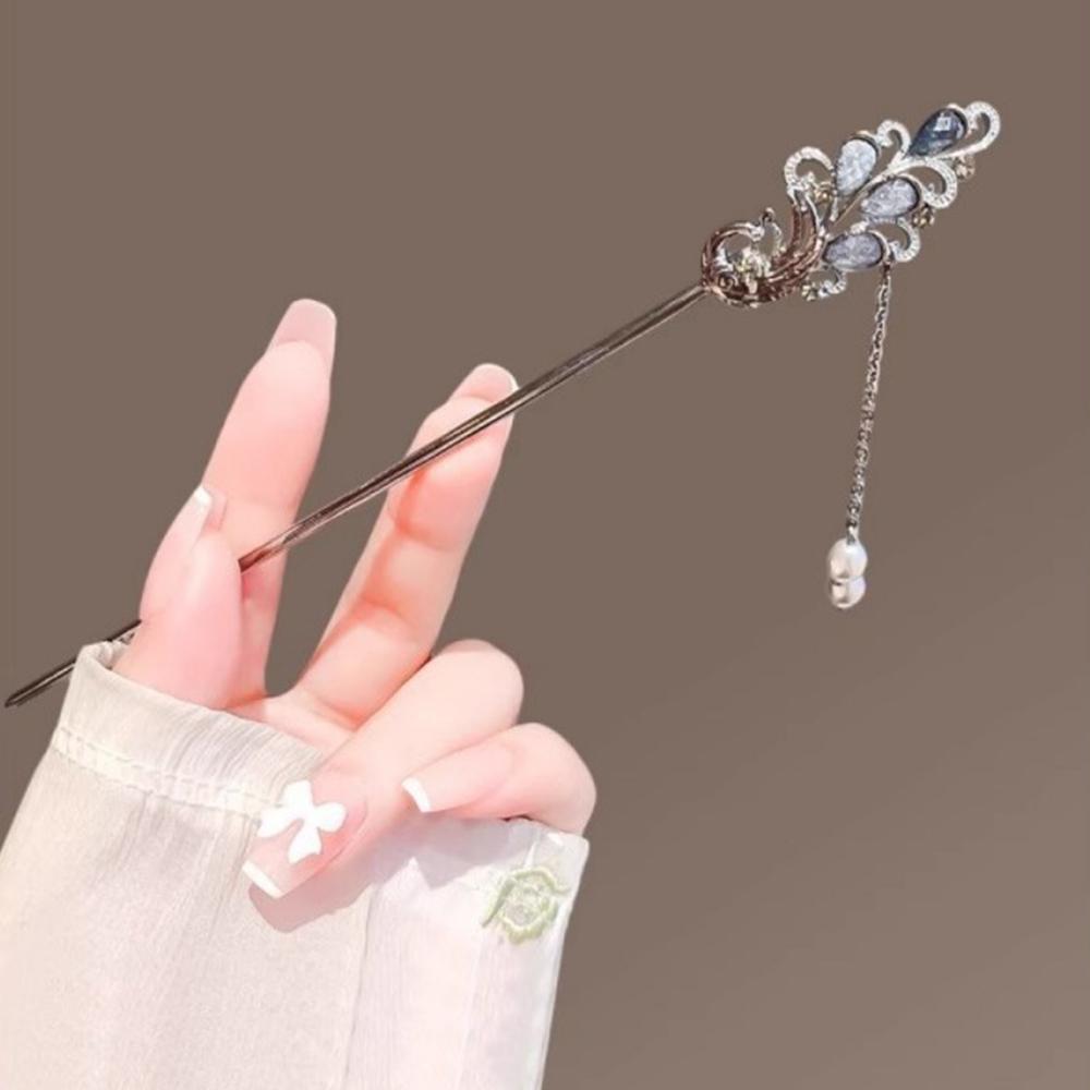 1pc Silver - Toned Hair Stick: Peacock - Inspired Design with Blue Accents & Pearl Tassel, Elegant Hair Accessory