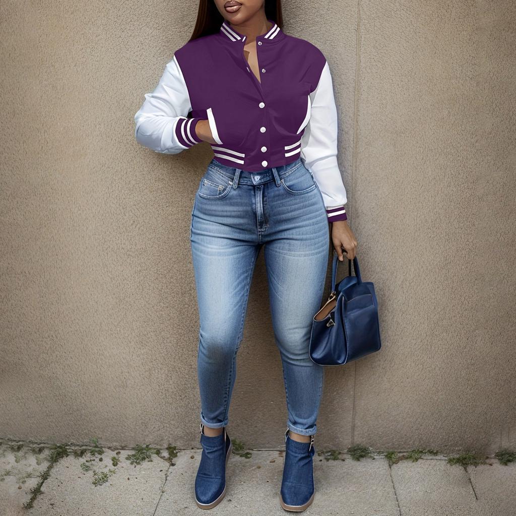 Damenmode, kurze, schlanke, einfarbige Spleißjacke, einreihig, Baseball-Kleidung, Sportmantel, Jacke, Sweatshirt