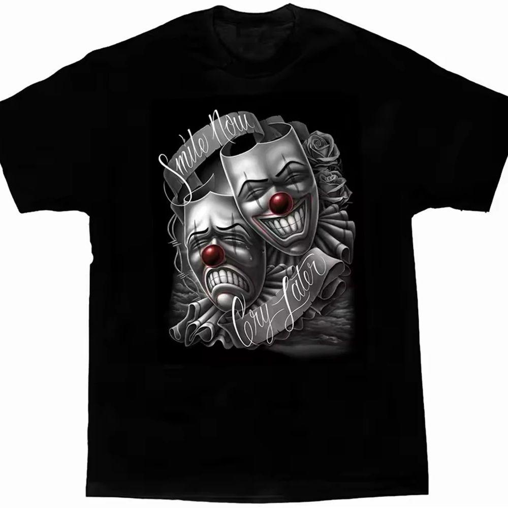 

Футболки с коротким рукавом Круглый вырез Мужская одежда Homme Мужская Новинка Топ Улыбайся сейчас Плачь потом Драматическая маска Лоурайдер Чикано Арт Футболка 4XL