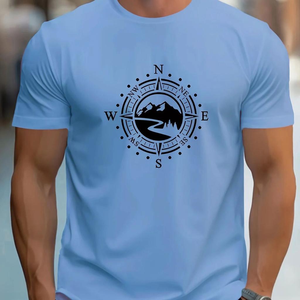 The 2025 summer new mens Tshirt features a casual large compass pattern print a sporty and comfortable roundneck shortsleev