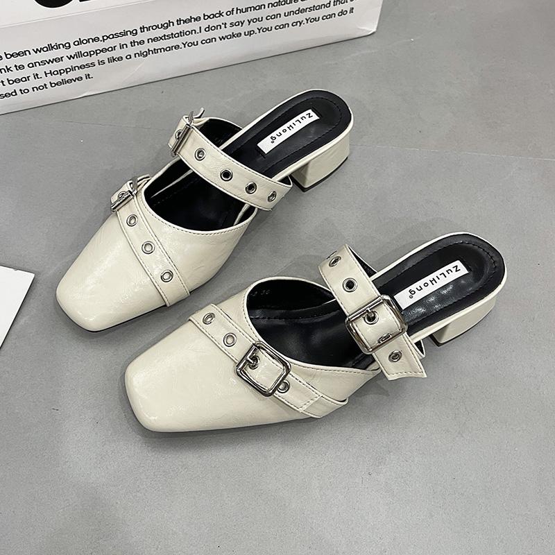Women's Baotou Slippers Spring New Style Square Head Shallow Mouth Rivet Metal Buckle Non-slip Sandals