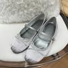 Sheepskin Edition~ Bow Ballet Shoes Gentle Fairy Wind One Pedal Flat Shoes Silver Mary Jane Single Shoes Women
